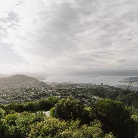 A lookout at the top of Wrights Hill Fortress, looking east toward Wellington city and Hutt Valley.