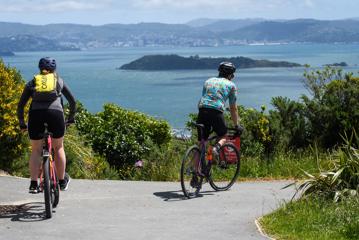 Two cyclists riding downhill on the Wainuiomata Hill shared path. Wellington city can be seen in the background with Somes Island in the middle of the blue harbour.