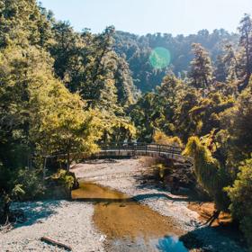 Three people stand and wave from the middle of a small arched bridge over the Ōrongorongo River.