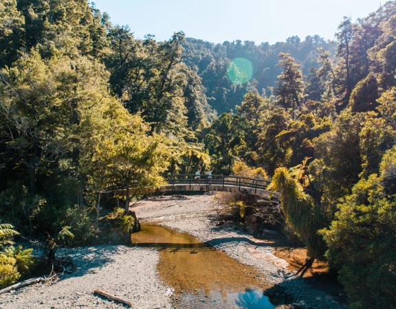 Three people stand and wave from the middle of a small arched bridge over the Ōrongorongo River.