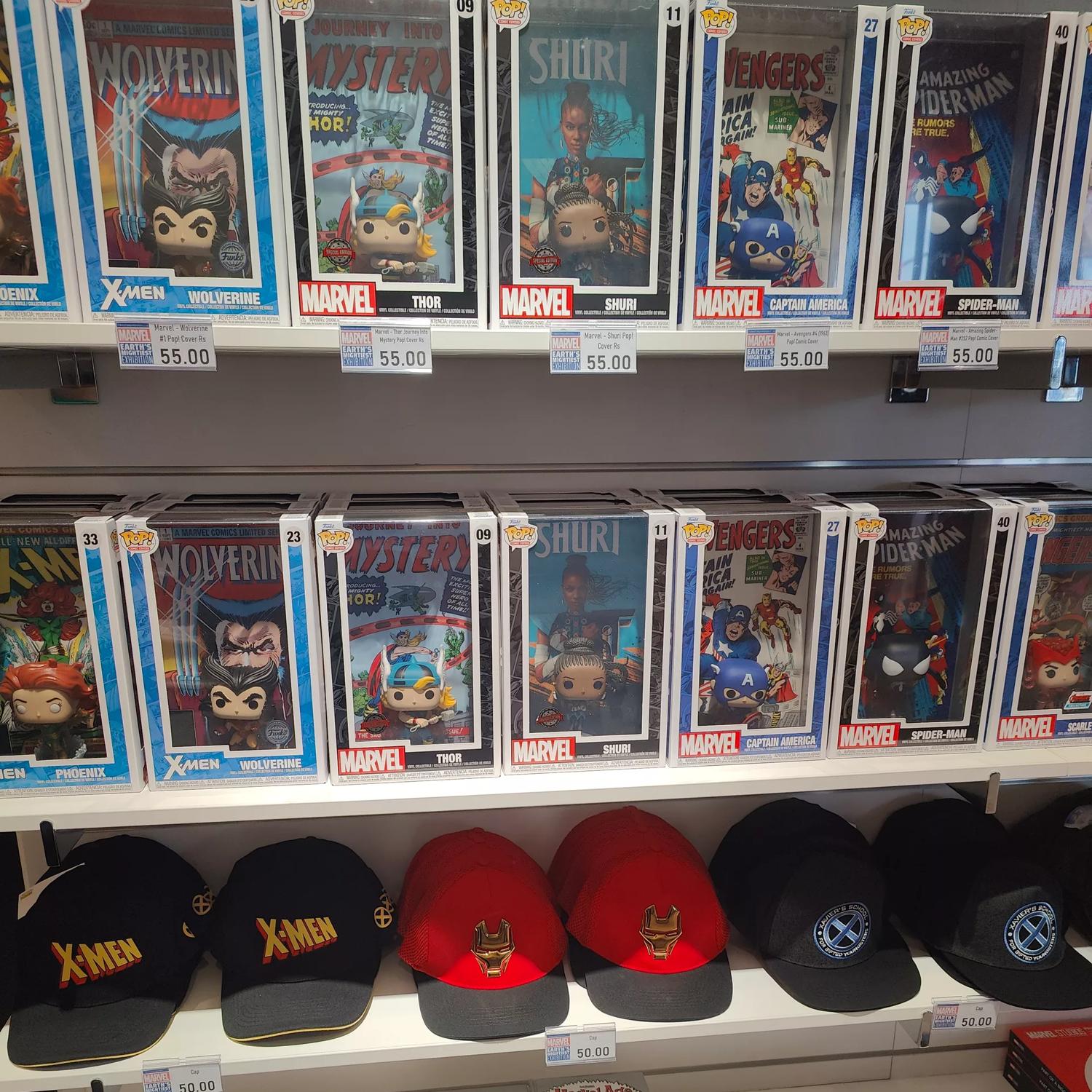 Marvel merchandise on sale in the gift shop at  Marvel: Earth's Mightiest Exhibition.