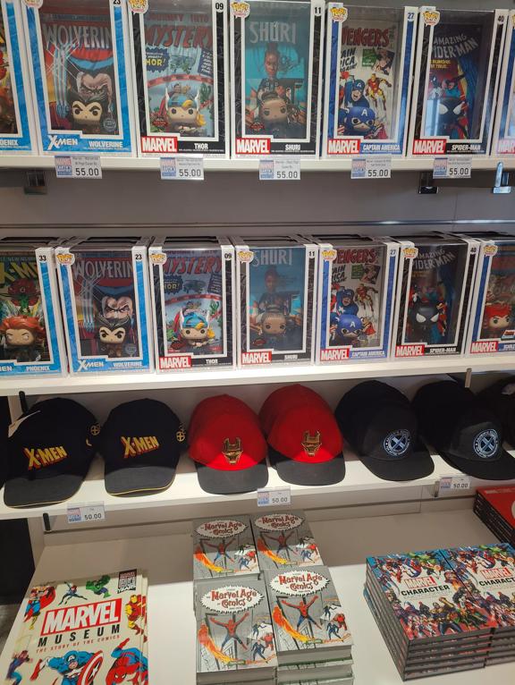 Marvel merchandise on sale in the gift shop at  Marvel: Earth's Mightiest Exhibition.