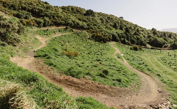 A section of the Chimney Sweep trail in Ngā Ara o Rangituhi. For mountain bikers only, the dirt track winds down a grassy hill overlooking Porirua.