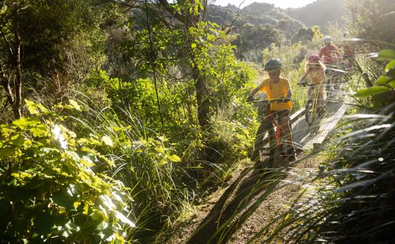 Two children and an adult bike along a wooden boardwalk amongst bush in the Wainuiomata bike park.