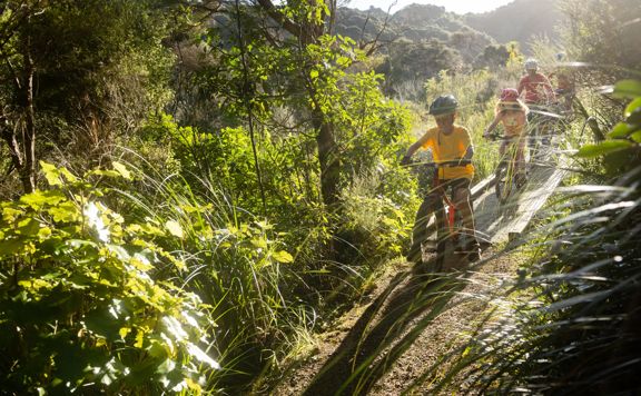 Two children and an adult bike along a wooden boardwalk amongst bush in the Wainuiomata bike park.