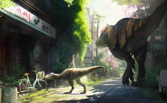 A still from the video game Kyōryū with two dinosaurs walking in Tokyo.
