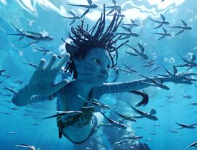 A still from Avatar: The Way of the Water shows Tuktirey in the water surrounded by fish.