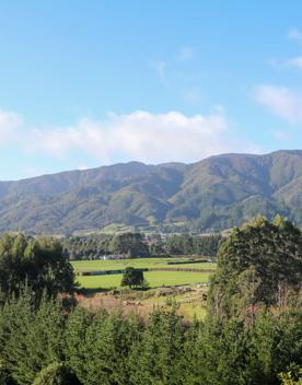 Mangaroa Valley Road screen location, a scenic rural setting with native forest, farmland, and a mountainous backdrop.