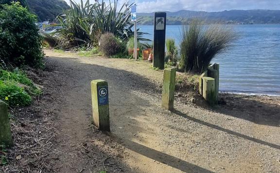 Section of Camborne Walkway showing wooden bollards in the ground.