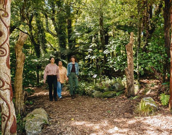 Three friends walk along a forest trail at Ōtari-Wilton's Bush.