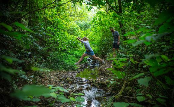 A person leaps across a stream while another follows, on the East harbour Regional park Kowhai Street track.