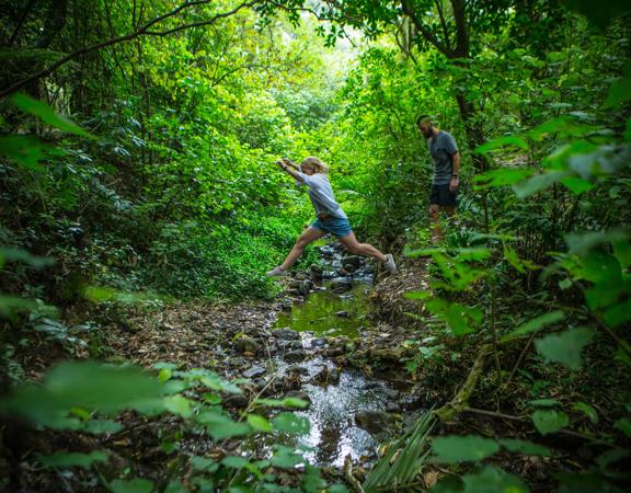 A person leaps across a stream while another follows, on the East harbour Regional park Kowhai Street track.