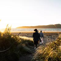 People walking along the sand dune path onto Paraparaumu beach at sunset, Kapiti island seen offshore.