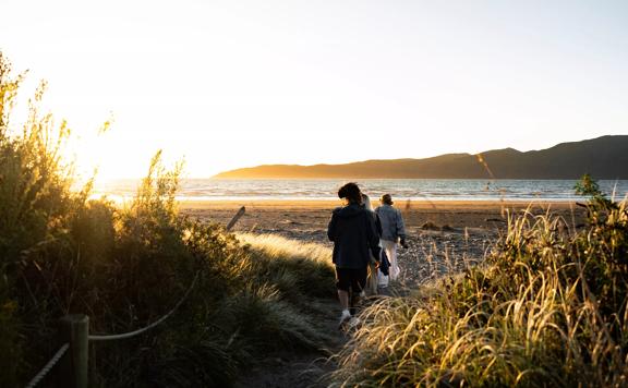 People walking along the sand dune path onto Paraparaumu beach at sunset, Kapiti island seen offshore.