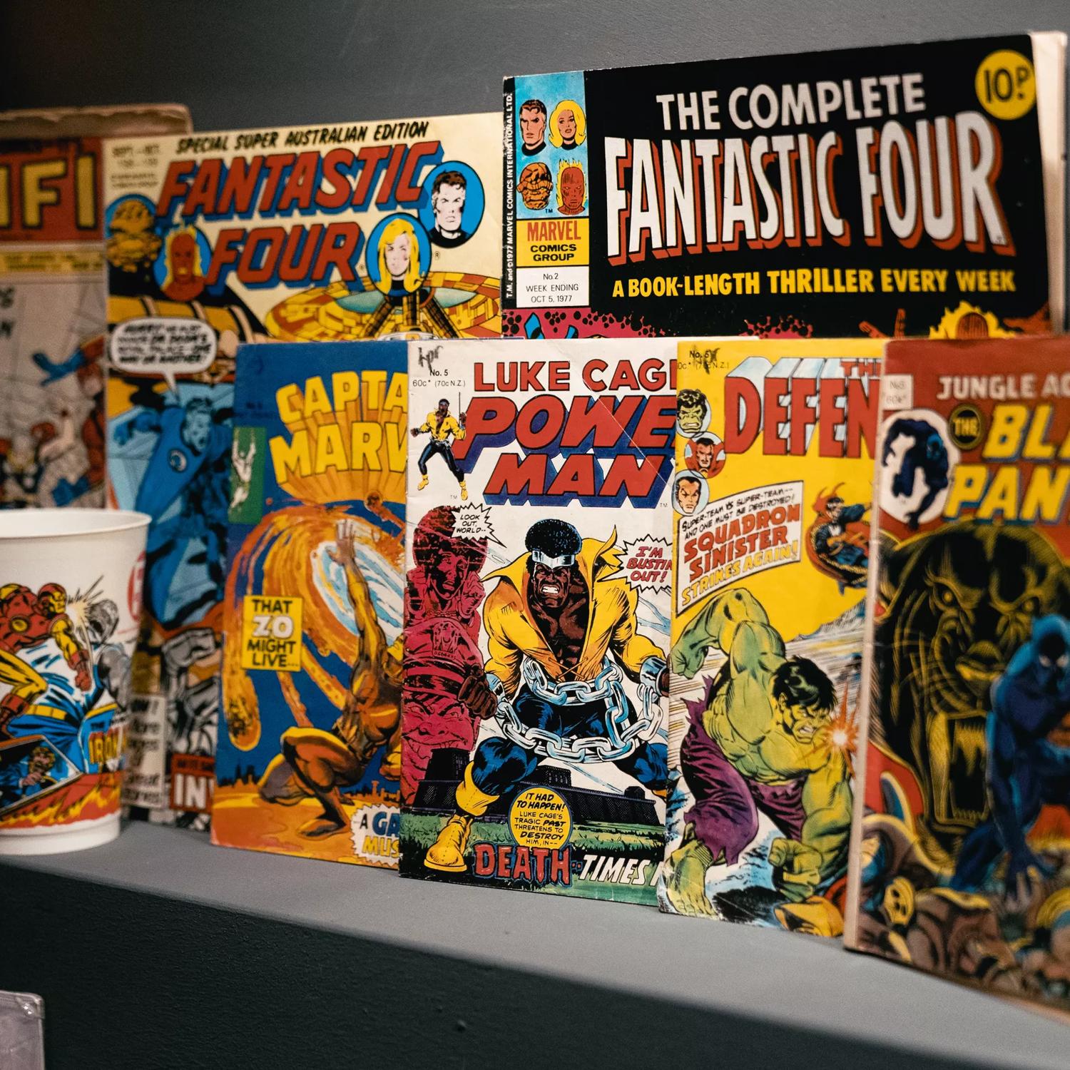 Vintage comics on display at Marvel: Earth's Mightiest Exhibition at Tākina in Wellington, New Zealand.