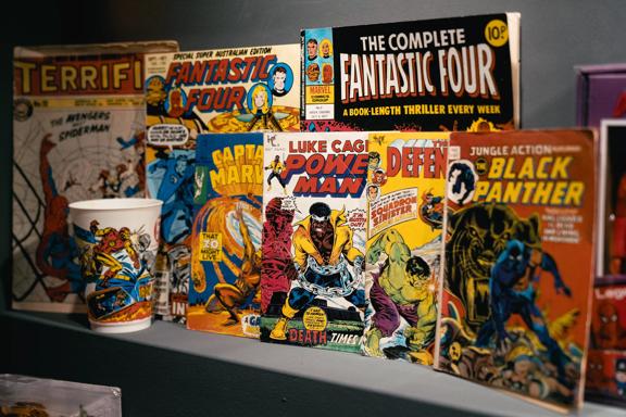 Vintage comics on display at Marvel: Earth's Mightiest Exhibition at Tākina in Wellington, New Zealand.