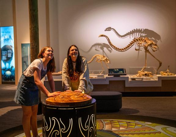 Two people stand in the middle of a bird themed exhibition in Te Papa Museum in Wellington with bird skeletons visible in the background.