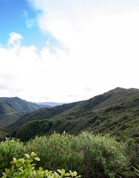 The screen location of Remutaka Summit, wit views of surrounding peaks, lush green bush and steep roads cut into the sides of the mountains.
