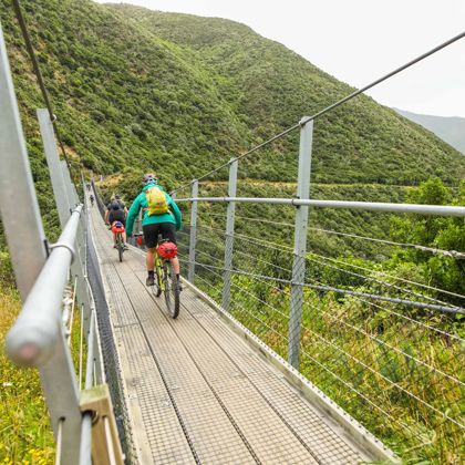 2 people biking across a swing bridge over a valley in the Remutaka Range, on the Remutaka Cycle trail.