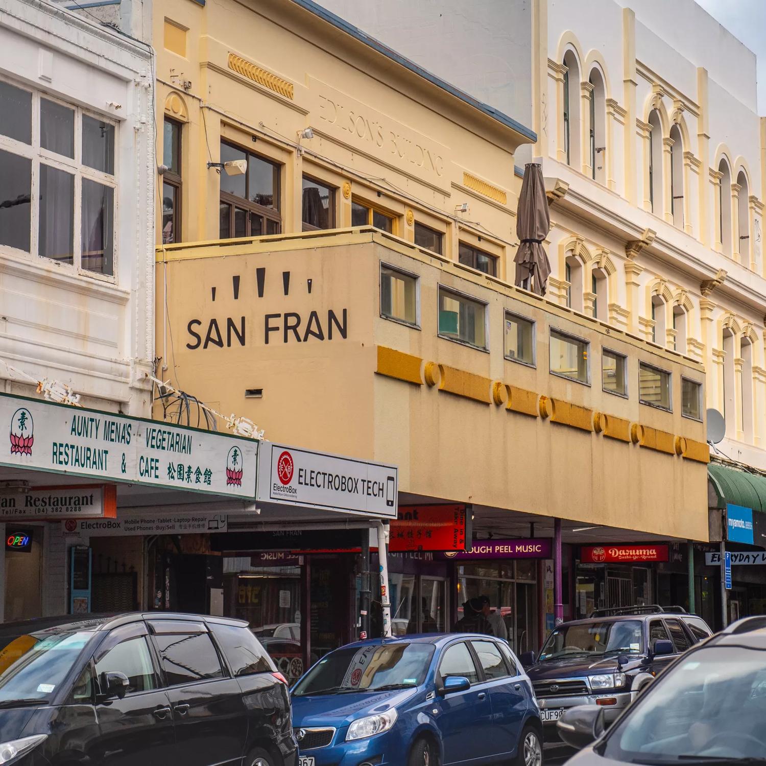 The exterior of San Fran, a concert venue on Cuba Street in Te Aro, Wellington. 