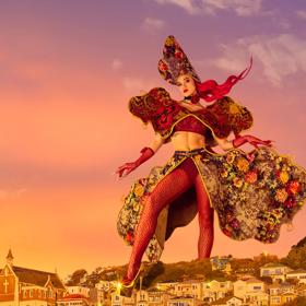 Model wearing the Axminstress garment by Kate MacKenzie superimposed on Wellington's skyline.
