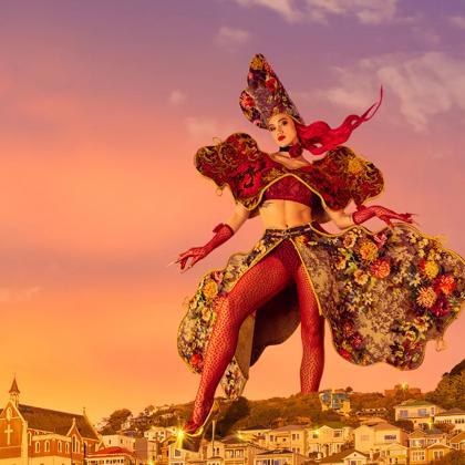 Model wearing the Axminstress garment by Kate MacKenzie superimposed on Wellington's skyline.