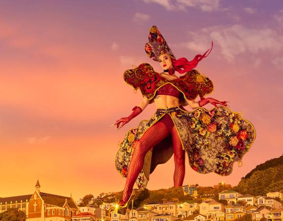 Model wearing the Axminstress garment by Kate MacKenzie superimposed on Wellington's skyline.