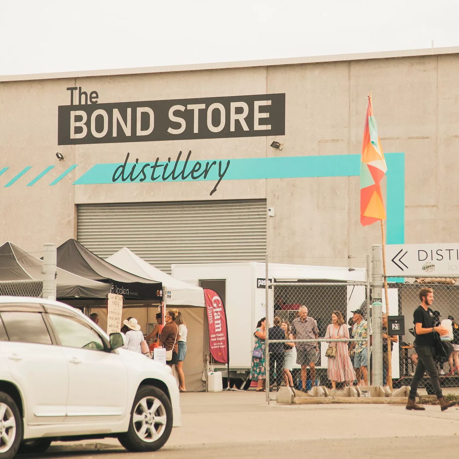 The exterior of The Bond Store, a distillery housed in a warehouse in Paraparaumu Beach, Kāpiti Coast.
