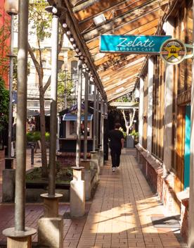 The exterior of Zelati Dessert Café, an ice cream shop located on the Left Bank off of Cuba Street in Te Aro, Wellington.