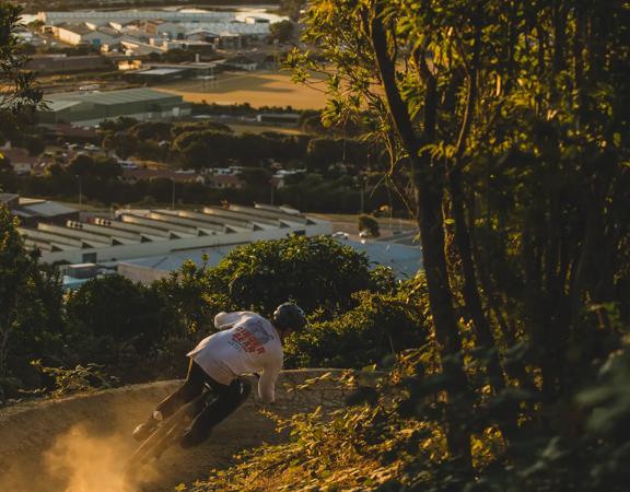 A mountain biker riding along a dirt track amongst trees on Super Plus trail in Wainuiomata Park. In the background, there is a view of the Petone foreshore.