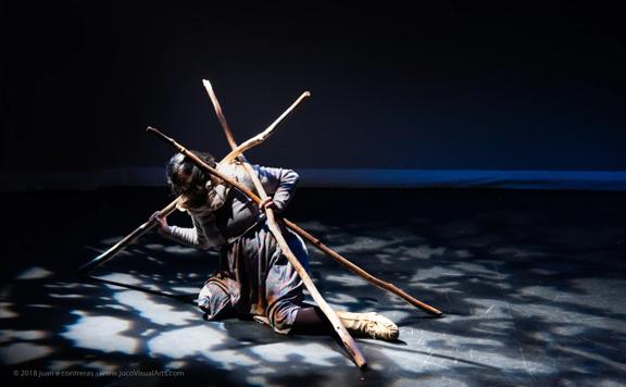 A dancer sits under a tripod of tree branches under a spotlight.