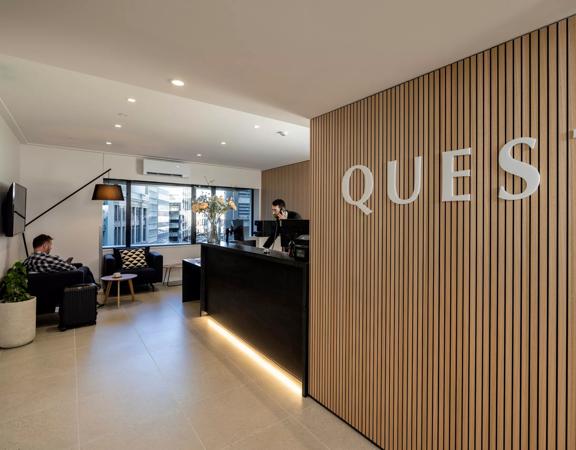 The front desk at Quest 256 Lambton hotel, location on Lambton Quay in Wellington.