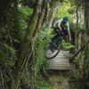 A downhill mountain bike rider going over a wooden drop jump on Dozer trail in Wainuiomata.