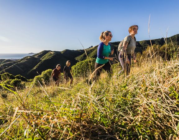 Two people walking up a grassy hill on the Link Track in Whareroa Farm.