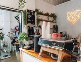 A worker behind the counter at Evil Twins Coffee, a café in Te Aro, Wellington. The bright space has white walls, green plants and a neon sign in the shape of a heart.