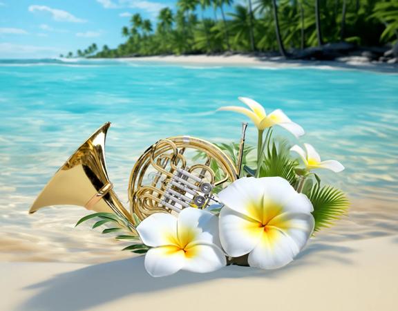 A french horn adorned in white tropical flowers lying on a beach with crystal blue waters.