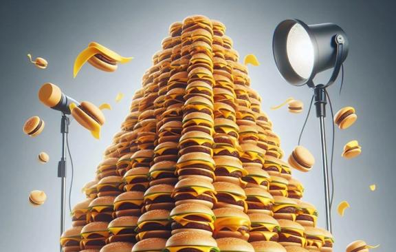 An illustration of a pyramid of cheeseburgers. 