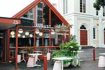 Exterior of August Eatery in Wellington, located next to Wesley Methodist Church.