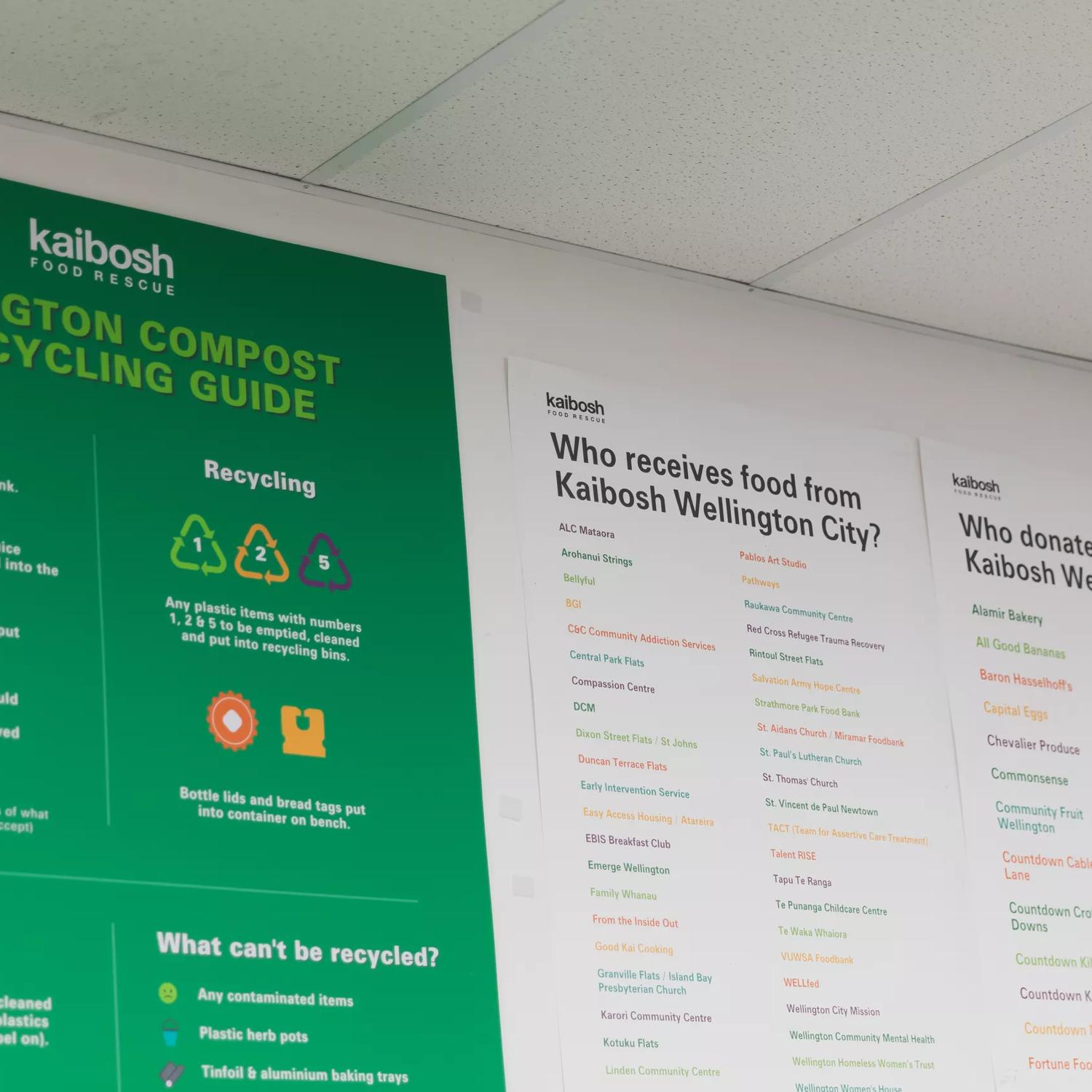 Information board at Kaibosh Food Rescue. Including a Wellington compost & recycling guide and donation information.