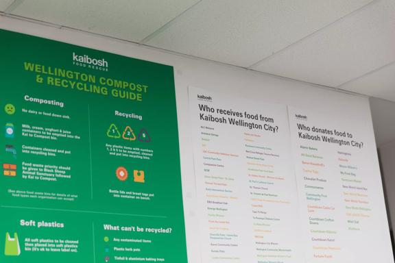 Information board at Kaibosh Food Rescue. Including a Wellington compost & recycling guide and donation information.