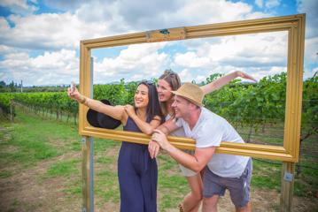 Three friends pose for a selfie inside an empty frame in a vineyard.