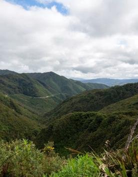 The screen location of Remutaka Summit, wit views of surrounding peaks, lush green bush and steep roads cut into the sides of the mountains.