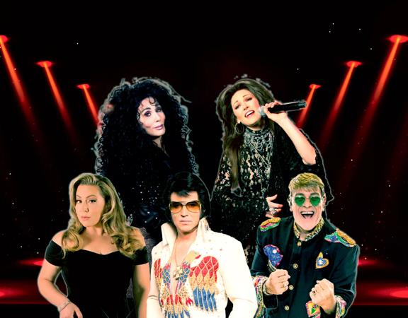A composited image of people impersonating legendary musicians Cher, Shania Twain, Adele, Elvis, and Elton John with red stage lights beam diagonally downward in the background.  