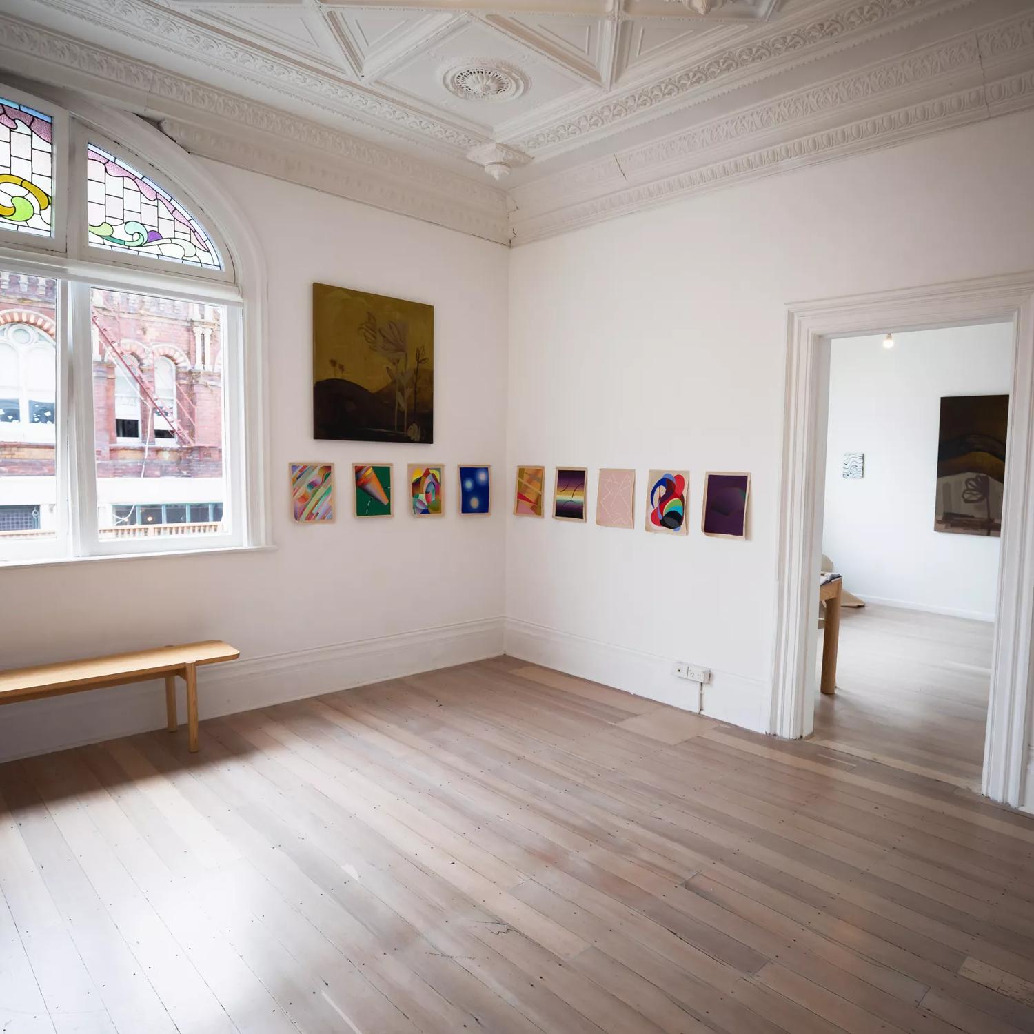 The interior of McLeavey Gallery, an art gallery located on Cuba Street in Te Aro, Wellington.