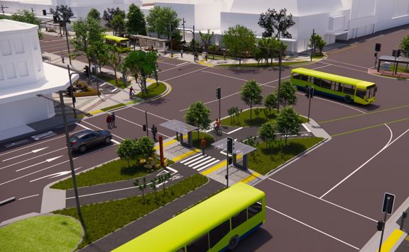 A render of changes to the Cambridge and Kent Terrace intersection shows more green spaces and bike lanes.