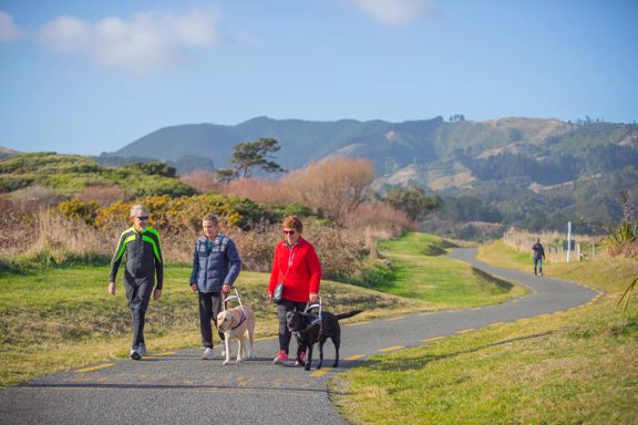 Three people walking on a smooth gravel track at Queen Elizabeth Park. Two people are walking with guide dogs.