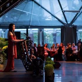 Person on stage speaking into a podium microphone out to many people in the background seated at tables. Dim mood lighting surrounds the area with spotlight on the speaker.