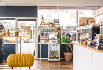 The sunny interior of Swimsuit café on Dixon Street in Te Aro, Wellington.