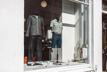 The front window of Mandatory Menswear Ltd, a men's clothing store in Te Aro, Wellington with two clothed mannequins.