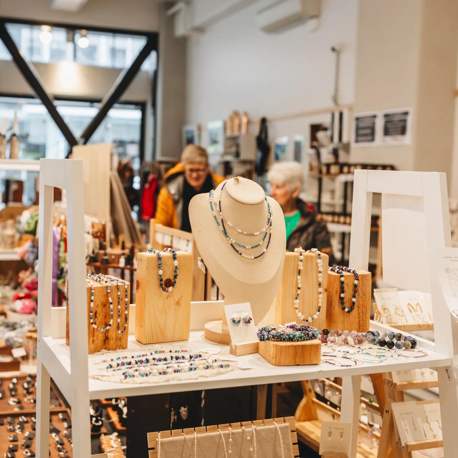 Inside the Welly Collective shop on Featherston Street off Lambton Quay in Wellington city centre. Many trinkets, jewellery and other locally-made gifts are on display.